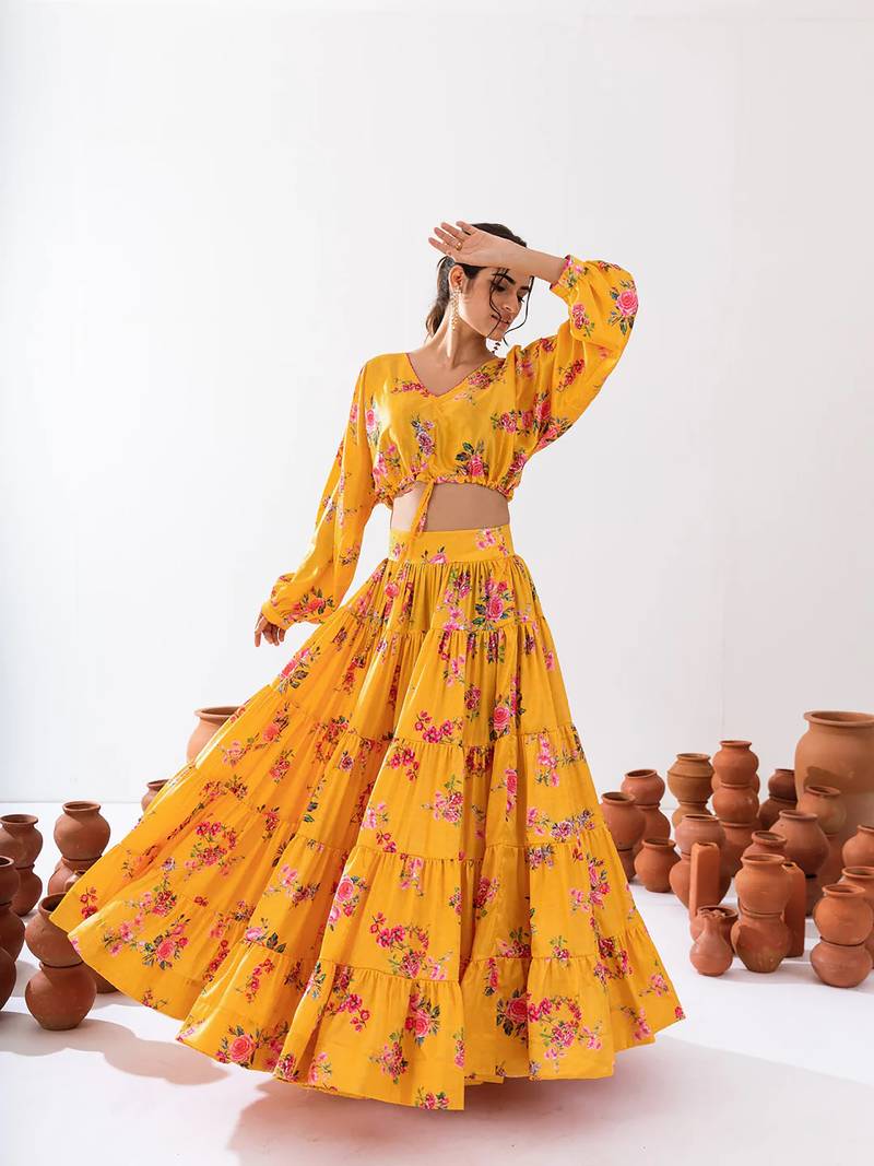 Yellow Floral Printed Tiered Circular Lehenga Set