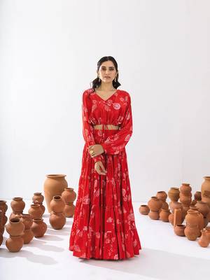 Red Floral Printed Tiered Circular Lehenga Set 3