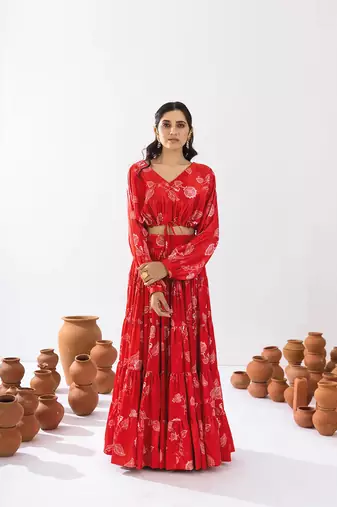 Red Floral Printed Tiered Circular Lehenga Set