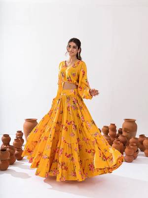 Yellow Floral Printed Tiered Circular Lehenga Set 2