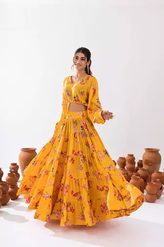 Yellow Floral Printed Tiered Circular Lehenga Set