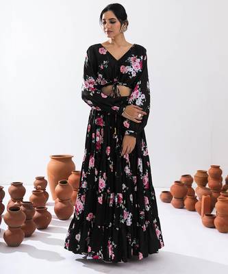 Black Floral Printed Tiered Circular Lehenga Set 1