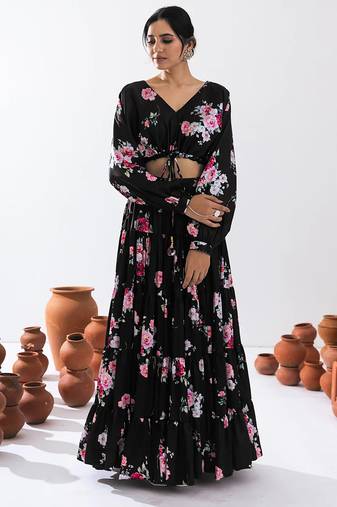 Black Floral Printed Tiered Circular Lehenga Set