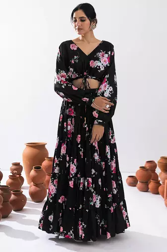 Black Floral Printed Tiered Circular Lehenga Set