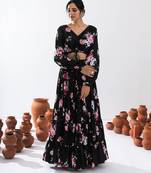 Black Floral Printed Tiered Circular Lehenga Set
