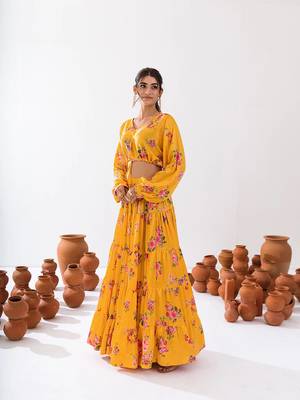 Yellow Floral Printed Tiered Circular Lehenga Set 3