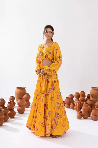 Yellow Floral Printed Tiered Circular Lehenga Set
