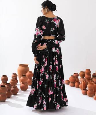 Black Floral Printed Tiered Circular Lehenga Set 2