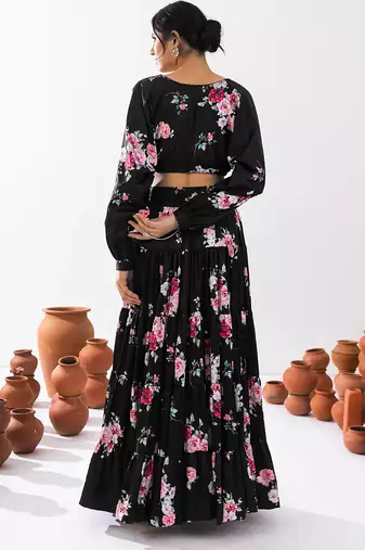Black Floral Printed Tiered Circular Lehenga Set