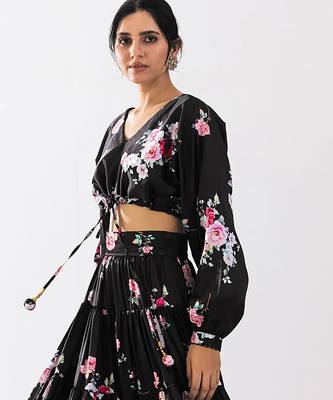 Black Floral Printed Tiered Circular Lehenga Set 3