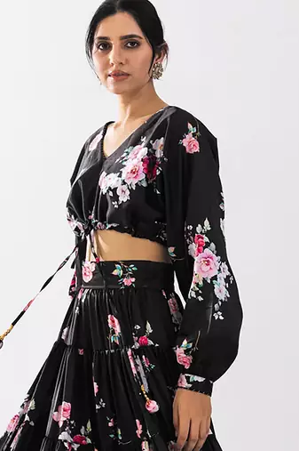 Black Floral Printed Tiered Circular Lehenga Set