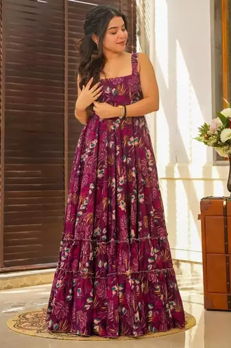 Wine floral printed anarkali gown for women