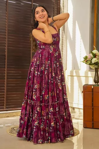 Wine floral printed anarkali gown for women