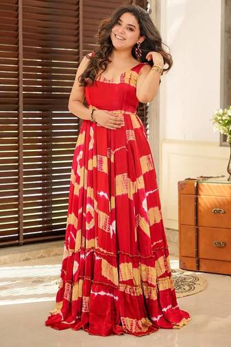 Red floral printed anarkali gown for women