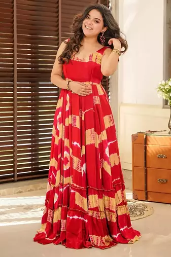 Red floral printed anarkali gown for women