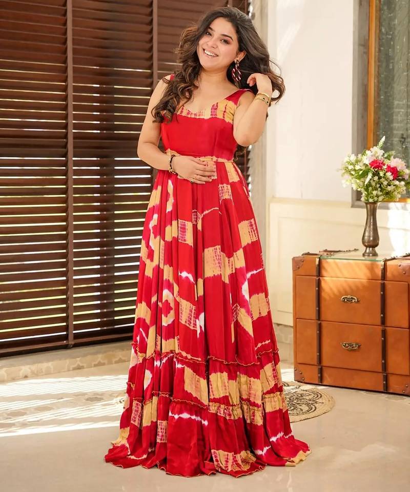 Red floral printed anarkali gown for women