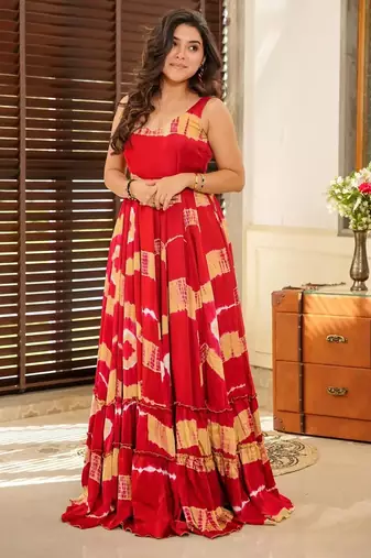 Red floral printed anarkali gown for women