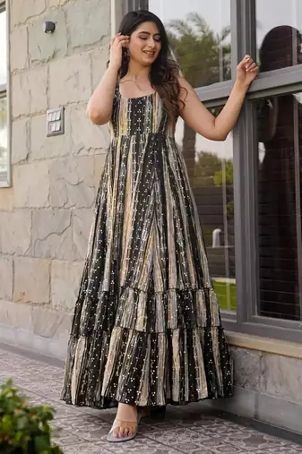 Grey floral printed anarkali gown for women