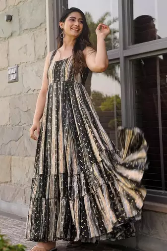 Grey floral printed anarkali gown for women