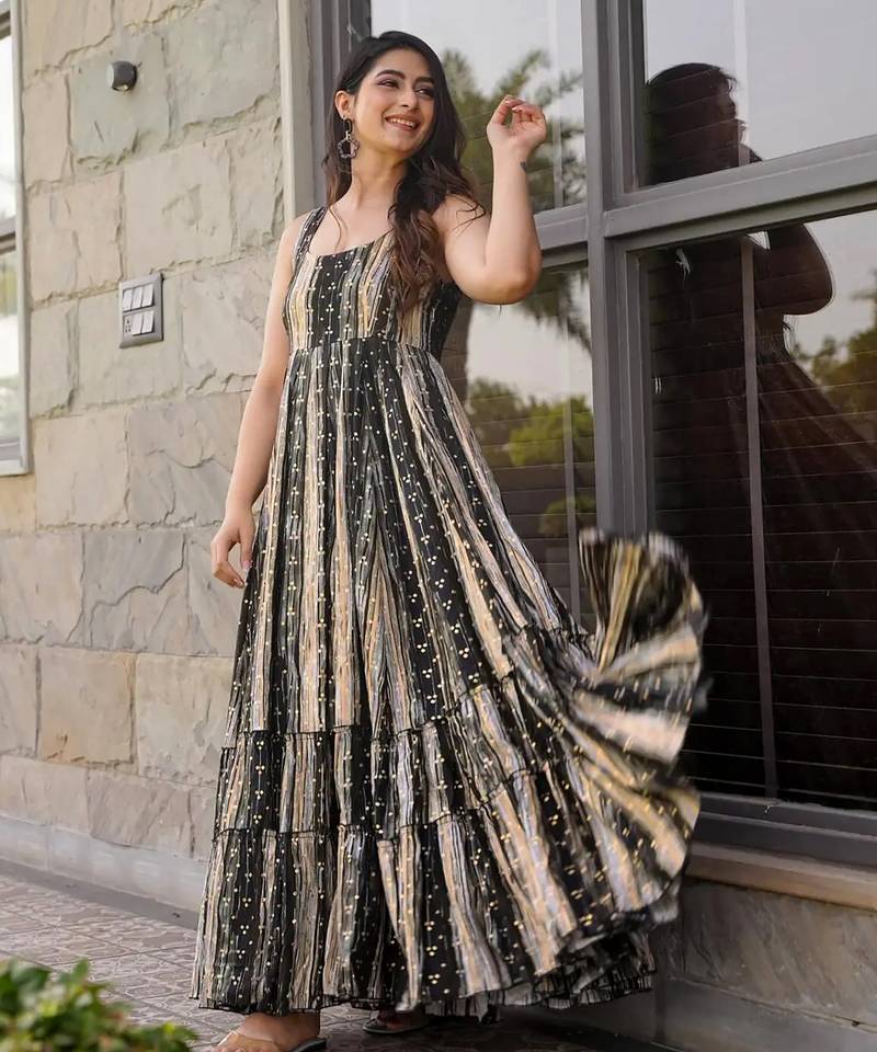 Grey floral printed anarkali gown for women