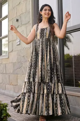 Grey floral printed anarkali gown for women