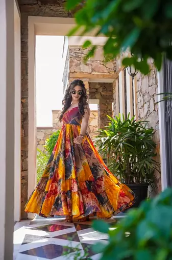 Multi floral printed anarkali gown for women