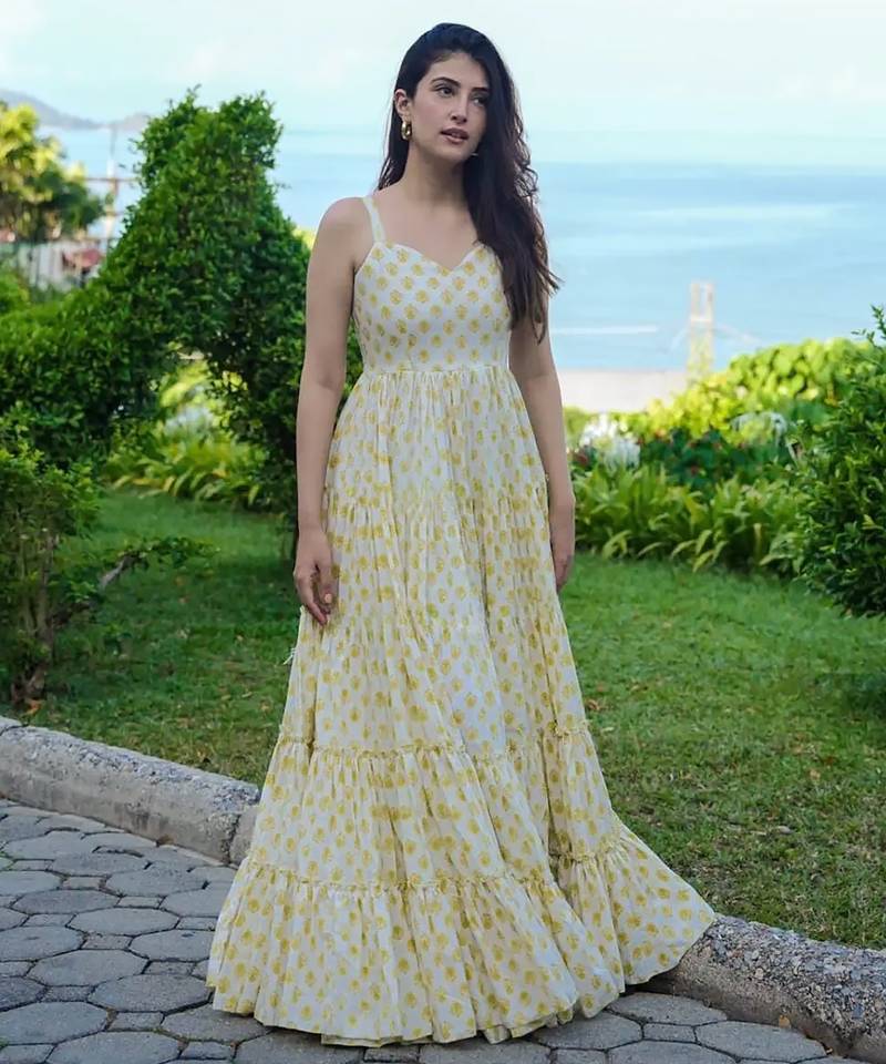 White floral printed anarkali gown for women