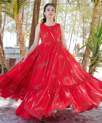 Red floral printed anarkali gown for women 1