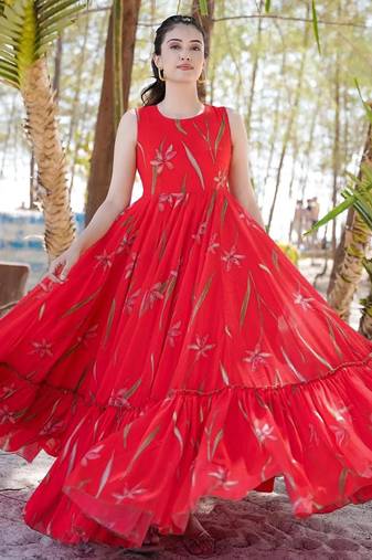 Red floral printed anarkali gown for women