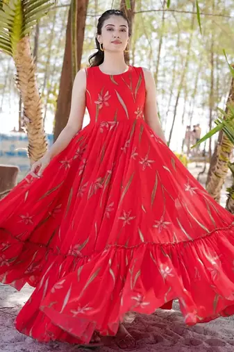 Red floral printed anarkali gown for women