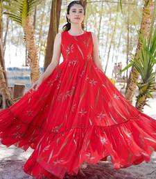 Red floral printed anarkali gown for women