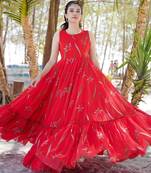 Red floral printed anarkali gown for women