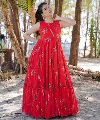 Red floral printed anarkali gown for women 2