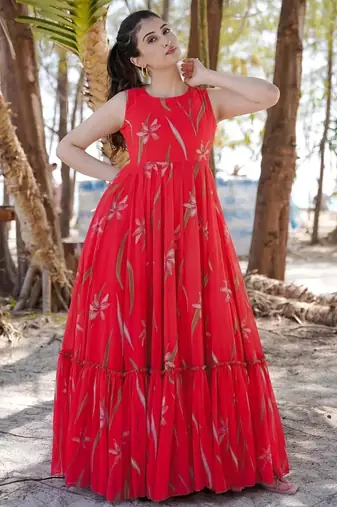 Red floral printed anarkali gown for women