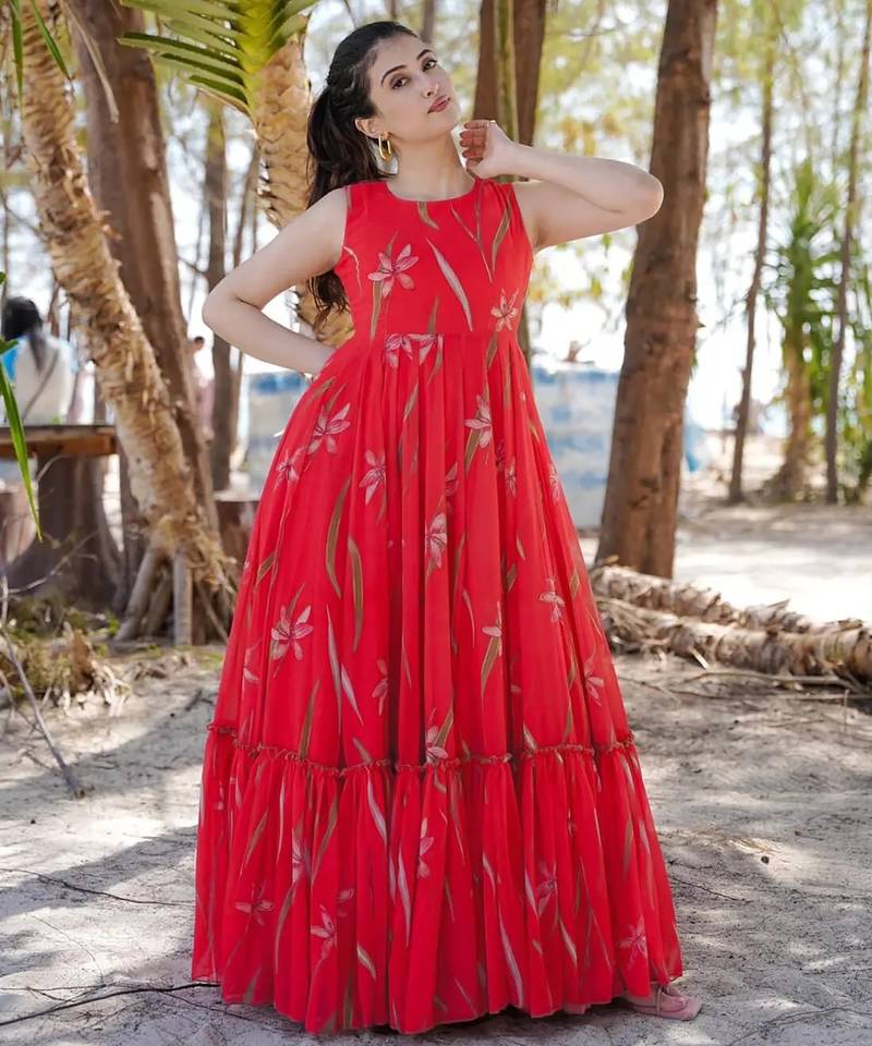 Red floral printed anarkali gown for women