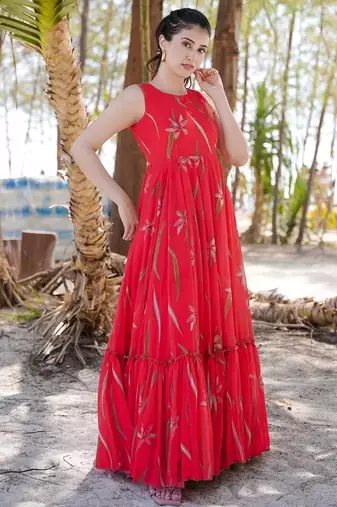 Red floral printed anarkali gown for women