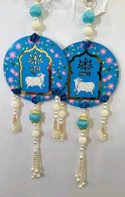 handmade shubh labh cow themed wall hanging decor with beads latkan and mdf hanging (pack of 2) 1