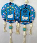 handmade shubh labh cow themed wall hanging decor with beads latkan and mdf hanging (pack of 2)