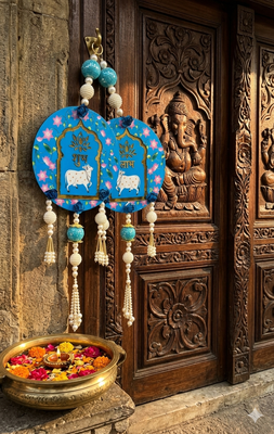 handmade shubh labh cow themed wall hanging decor with beads latkan and mdf hanging (pack of 2) 2