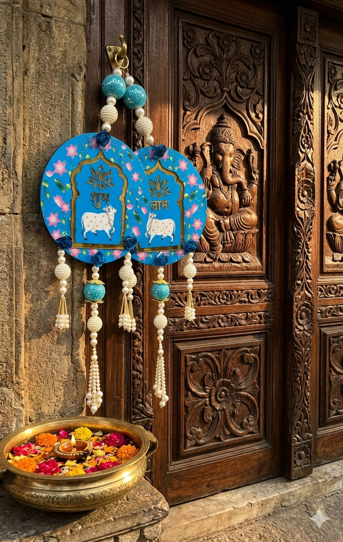 handmade shubh labh cow themed wall hanging decor with beads latkan and mdf hanging (pack of 2)