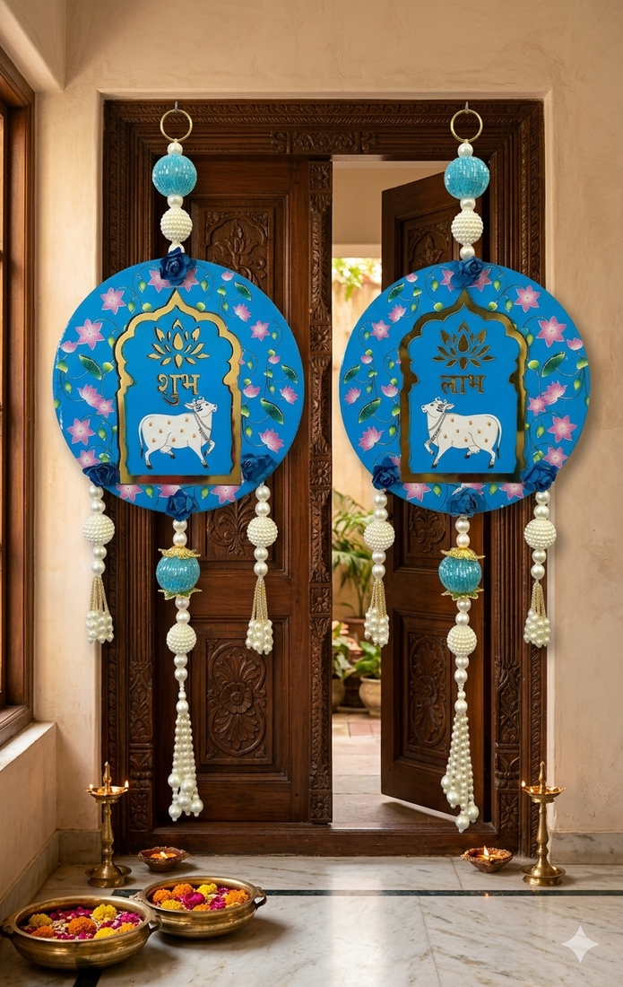 handmade shubh labh cow themed wall hanging decor with beads latkan and mdf hanging (pack of 2)