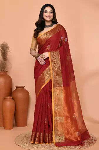 maroon cotton blend handloom saree with running blouse piece pallu & border zari work