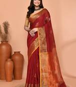 maroon cotton blend handloom saree with running blouse piece pallu & border zari work