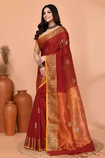 maroon cotton blend handloom saree with running blouse piece pallu & border zari work