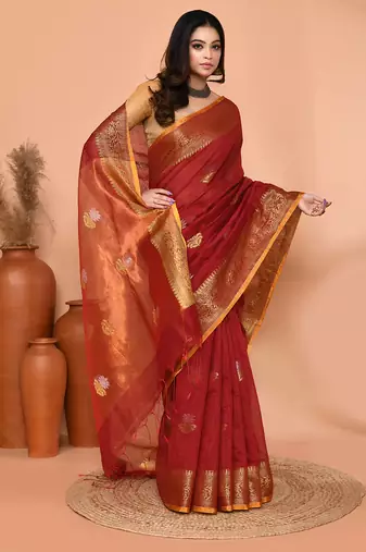maroon cotton blend handloom saree with running blouse piece pallu & border zari work