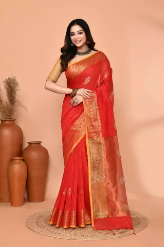 red cotton blend handloom saree with running blouse piece pallu & border zari work