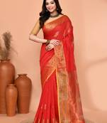 red cotton blend handloom saree with running blouse piece pallu & border zari work