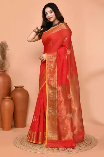 red cotton blend handloom saree with running blouse piece pallu & border zari work