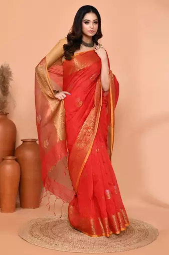red cotton blend handloom saree with running blouse piece pallu & border zari work