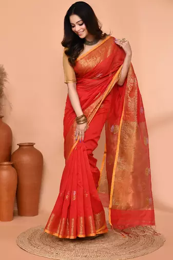 red cotton blend handloom saree with running blouse piece pallu & border zari work